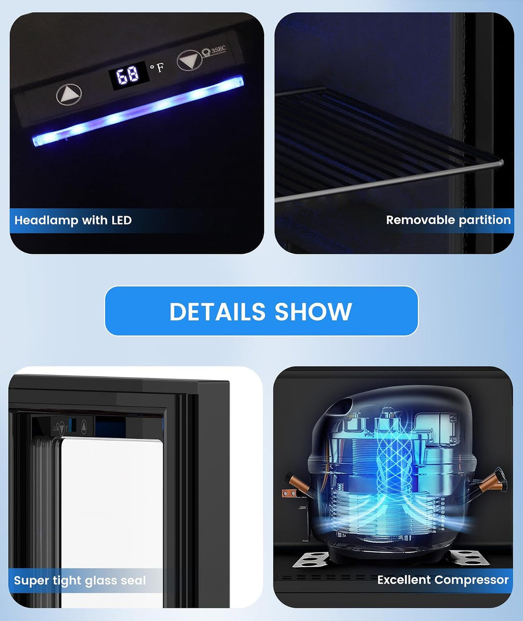 Kismile 18L Beverage Refrigerator Cooler, 24Can Mini Fridge with Glass Door, Quiet Compressor, Countertop Small Fridge with 40-61℉ Digital Electronic Temperature Control, LED Lgiht for Home and Bar