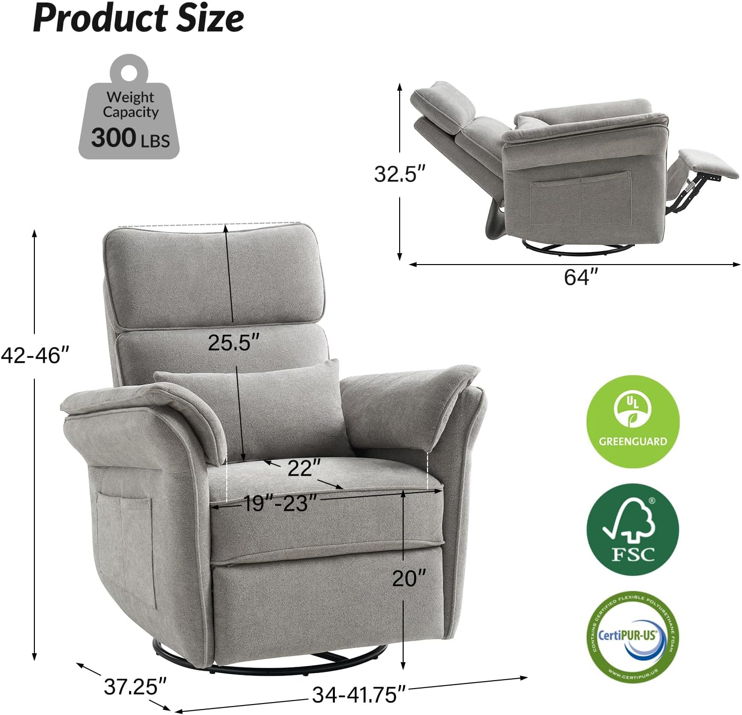 HULALA HOME Nursery Glider Recliner with Adjustable Headrest and Armrests, Modern Power Swivel Rocker Recliner Chair with USB Port and Storage Bags, GREENGARD, FSC, CertiPUR-US® Certified, Ash