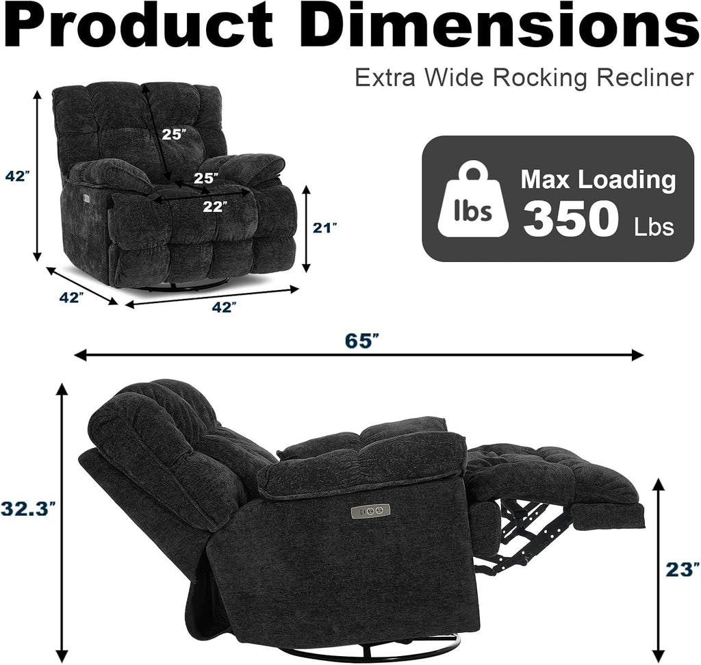 GINGO Power Oversized Recliner Chair, Extra Wide Swivel Rocking Recliner Chair, Breathable Soft Fabric Modern Single Sofa for Living Room, 90°-140° Electric Adjustable Angle, USB & Type-C Port, Black