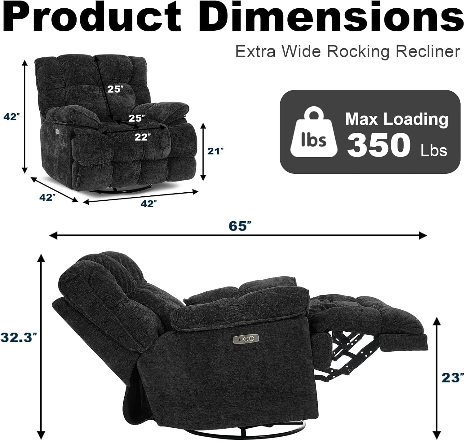 GINGO Power Oversized Recliner Chair, Extra Wide Swivel Rocking Recliner Chair, Breathable Soft Fabric Modern Single Sofa for Living Room, 90°-140° Electric Adjustable Angle, USB & Type-C Port, Black
