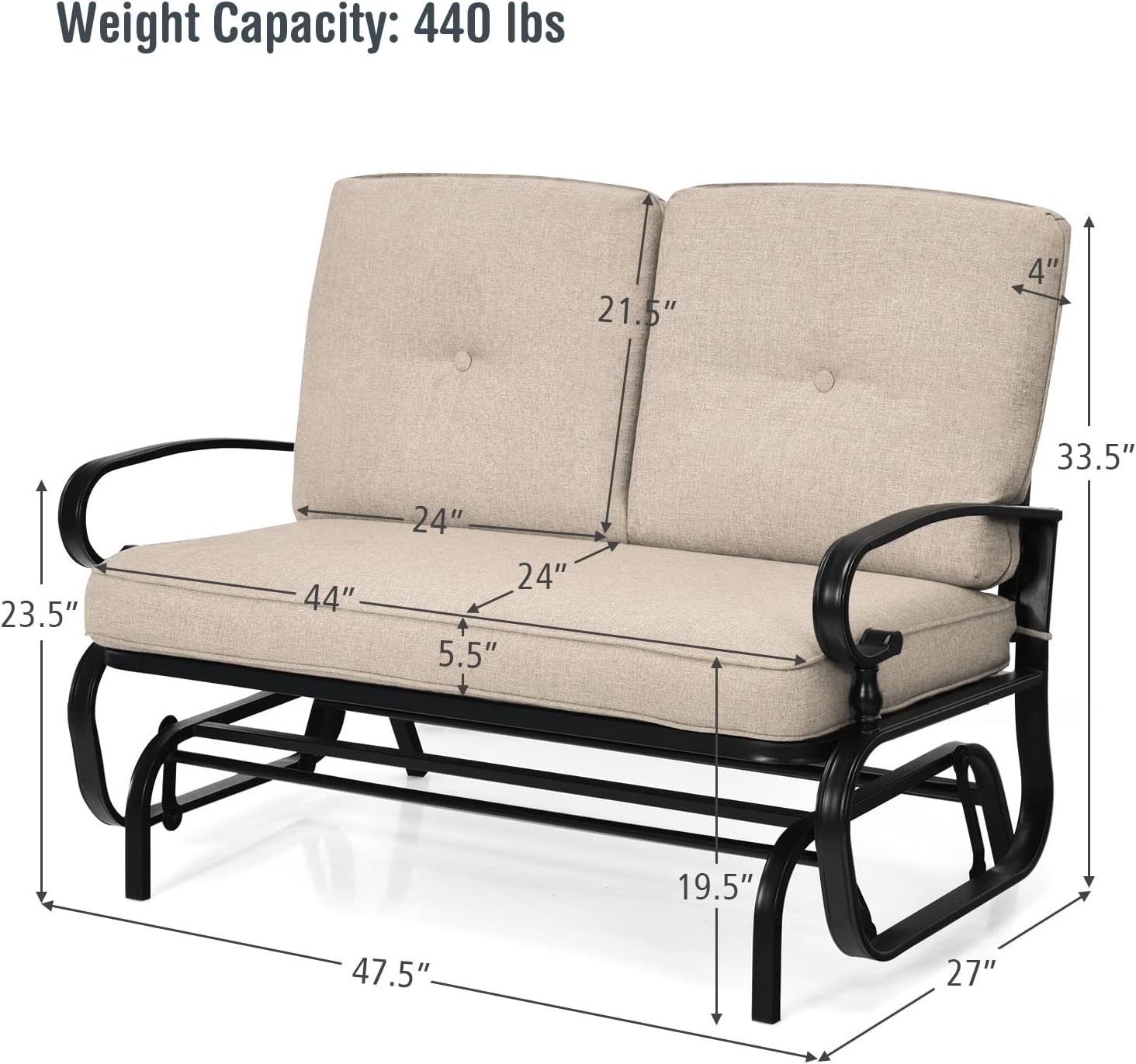 Giantex Outdoor Glider Bench, Patio Loveseat with Cushions, 440 Lbs Capacity, 2-Person Outdoor Rocking Chair, Porch Glider Swing for Garden, Backyard, Poolside, Patio Seating Rocker (Beige)