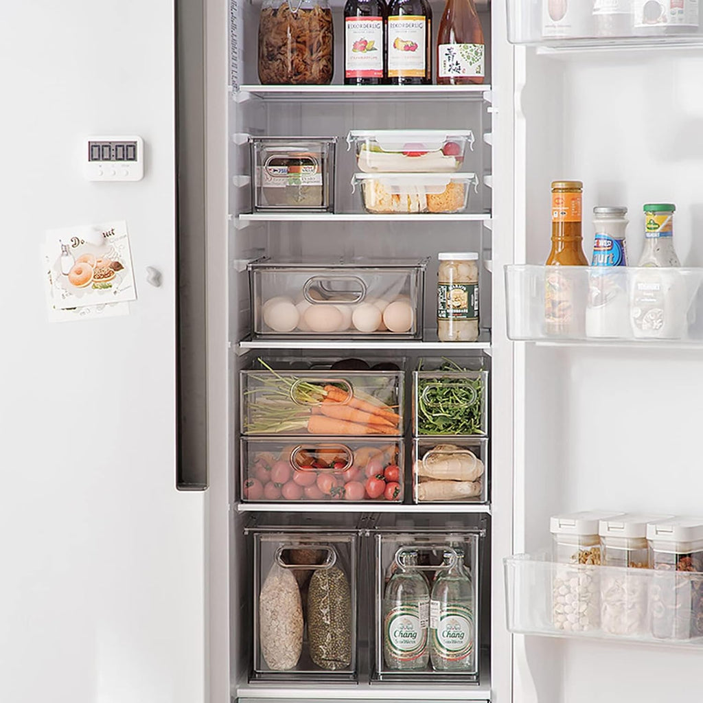 Mano Stackable Fridge Drawers Pull Out Bins with Handle Clear Refrigerator Drawers Organizer Food Storage Container Box with Dividers Plastic Produce Saver for Pantry, Cabinet, Kitchen, Clothes（7Pack）