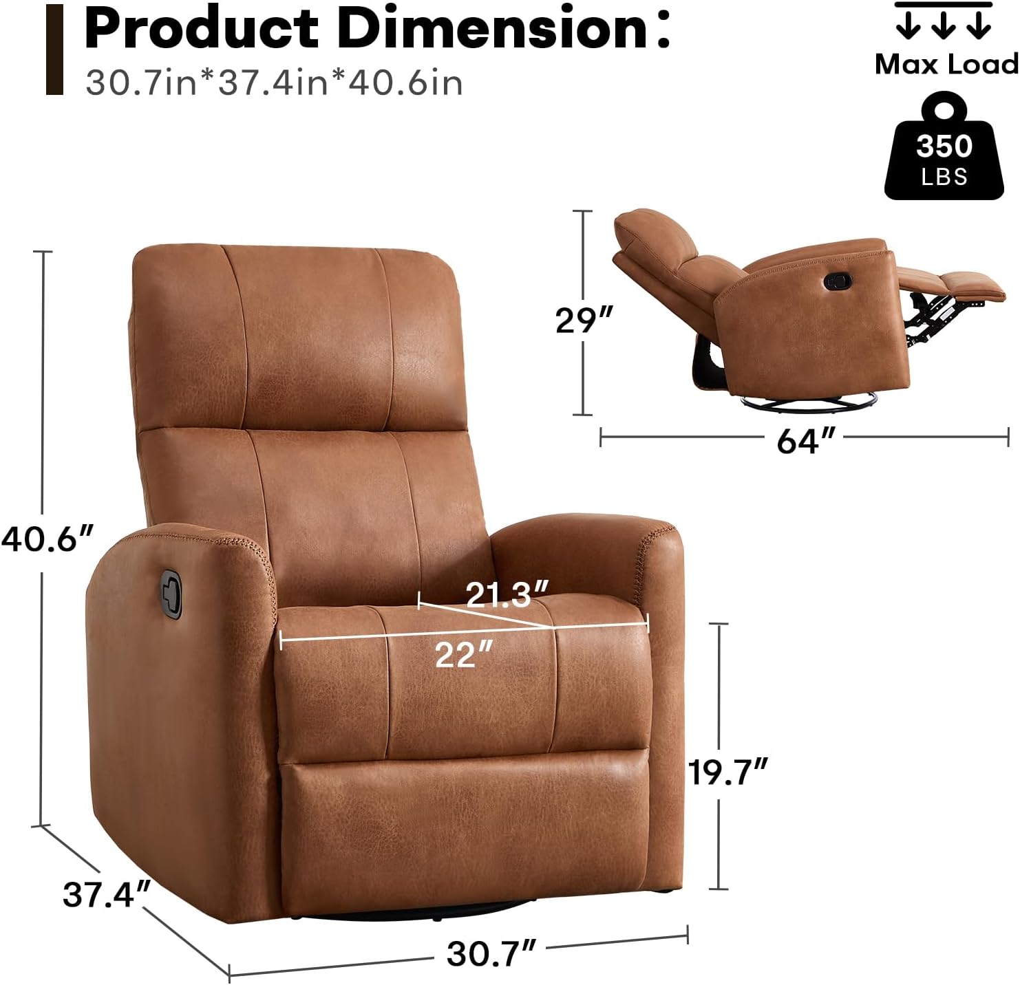 HAOMARKETS Swivel Rocker Recliner Chair, Manual Faux Leather Glider Rocking Recliners for Adults, 360° Swivel Nursery Reclining Sofa with Padded Backrest for Living Room, Dark Brown