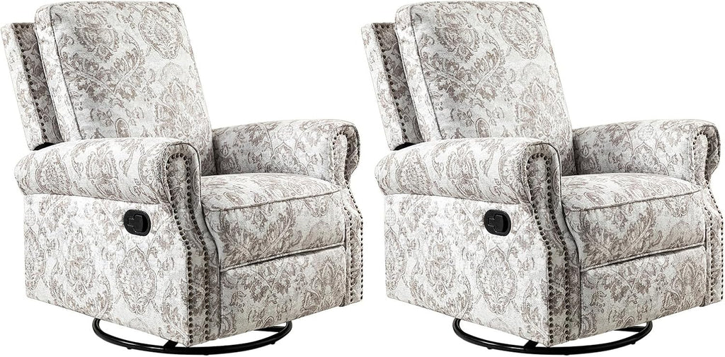 HULALA Home Swivel Rocker Recliner Set of 2, Modern Printed Fabric Swivel Recliner Chair for Adults Glider with Adjustable Backrest & Footrest, Beige