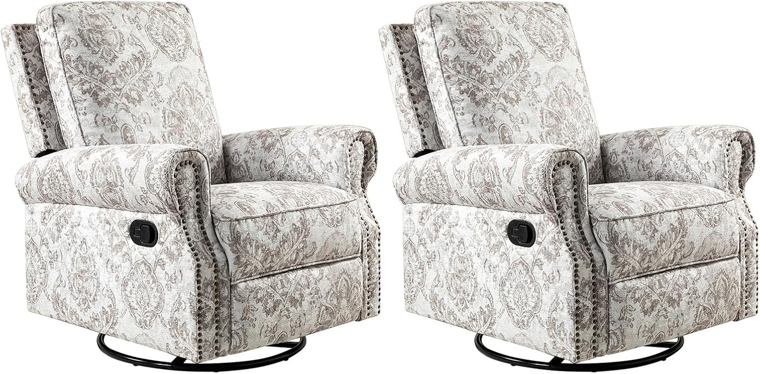 HULALA Home Swivel Rocker Recliner Set of 2, Modern Printed Fabric Swivel Recliner Chair for Adults Glider with Adjustable Backrest & Footrest, Beige