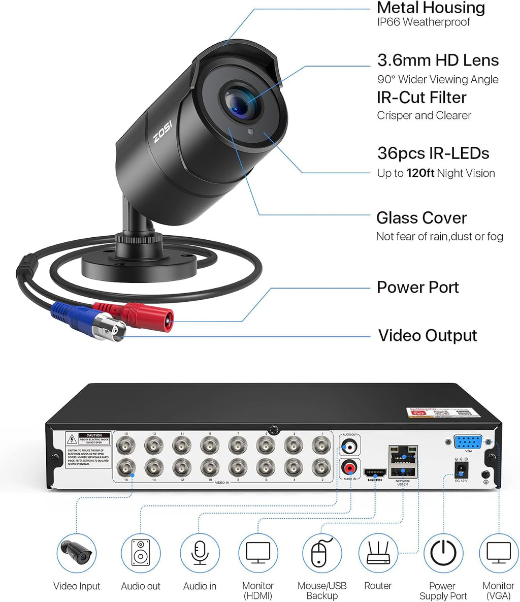 ZOSI 16CH 3K Lite Security Camera System with Audio, AI Human/Vehicle Detection, Night Vision, 8 x 1080P Metal Weatherproof Wired Cameras, 16 Channel Surveillance DVR with 2TB HDD for 24/7 Recording