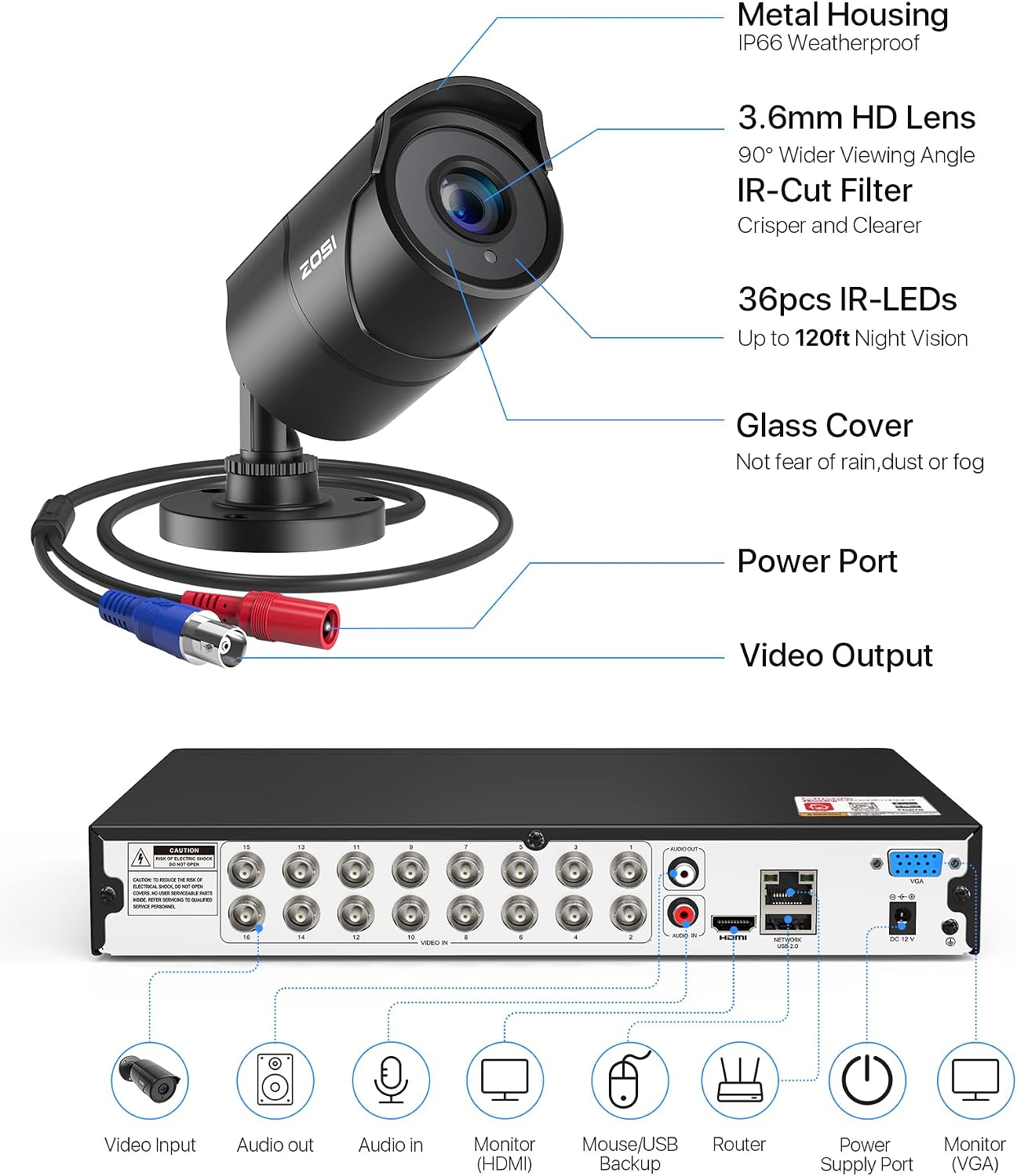 ZOSI 16CH 3K Lite Security Camera System with Audio, AI Human/Vehicle Detection, Night Vision, 8 x 1080P Metal Weatherproof Wired Cameras, 16 Channel Surveillance DVR with 2TB HDD for 24/7 Recording