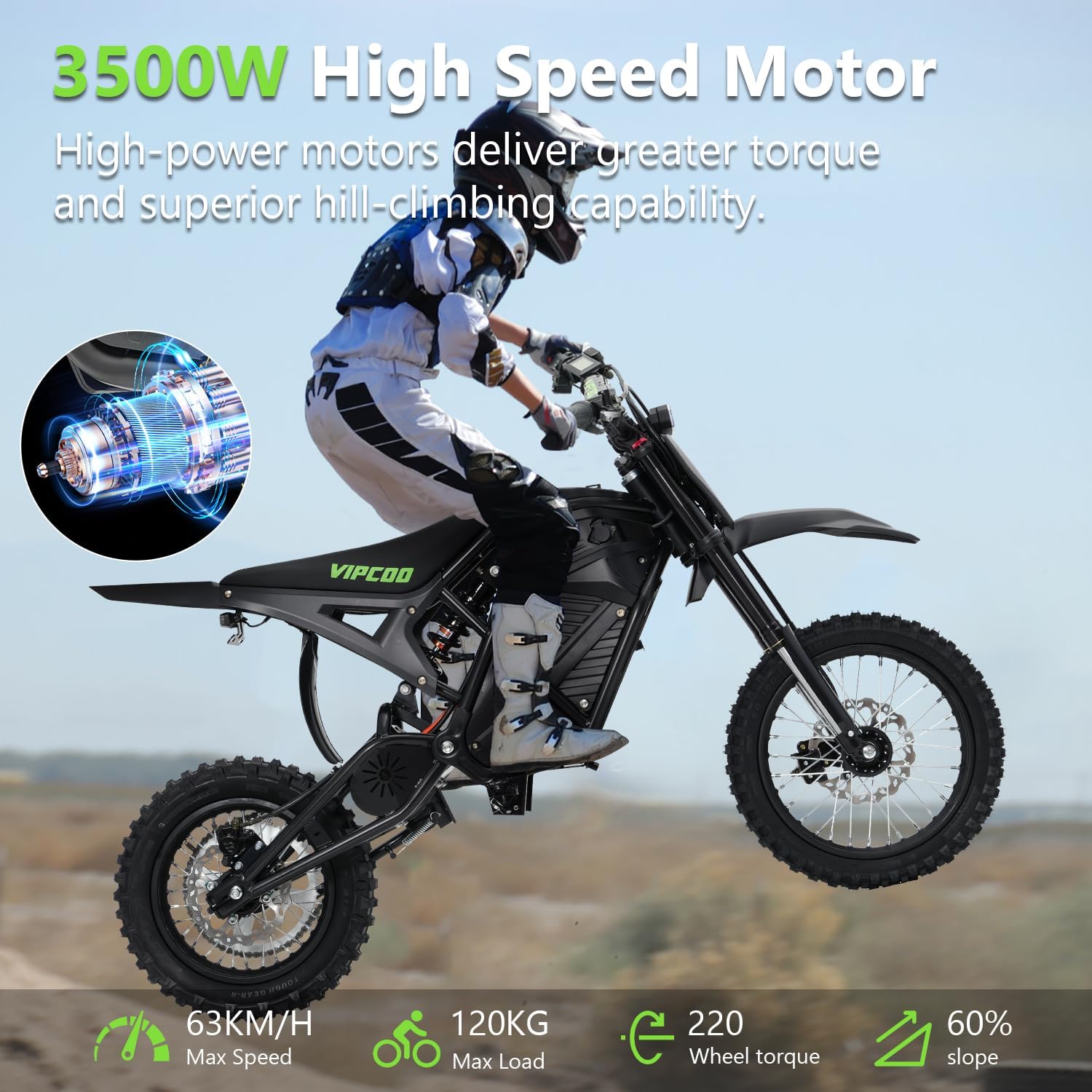3500W Electric Dirt Bike for Adults & Teens, 63KM/H Off-Road MountainE Motorcycle, 48V 23AH Battery, 40–70KM Range, Full Suspension & Hydraulic Brakes