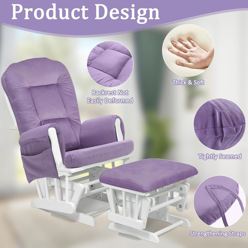 BECHAEO 5PCS Velvet Glider Rocker Replacement Cushions with Ottoman Cover Soft Thicken Rocking Chair Cushion Set for Indoor Nursery Glider Rocking Chair, Lavender