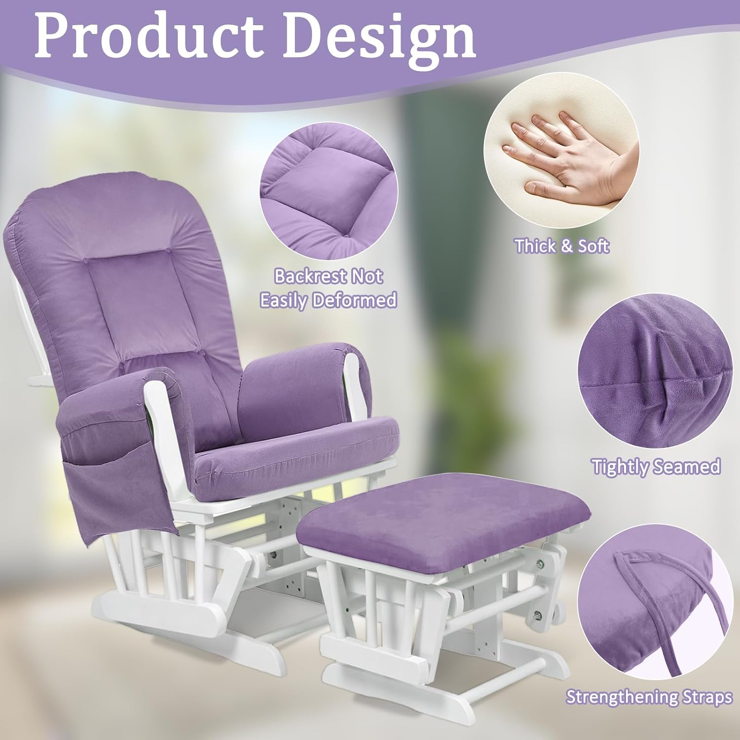 BECHAEO 5PCS Velvet Glider Rocker Replacement Cushions with Ottoman Cover Soft Thicken Rocking Chair Cushion Set for Indoor Nursery Glider Rocking Chair, Lavender