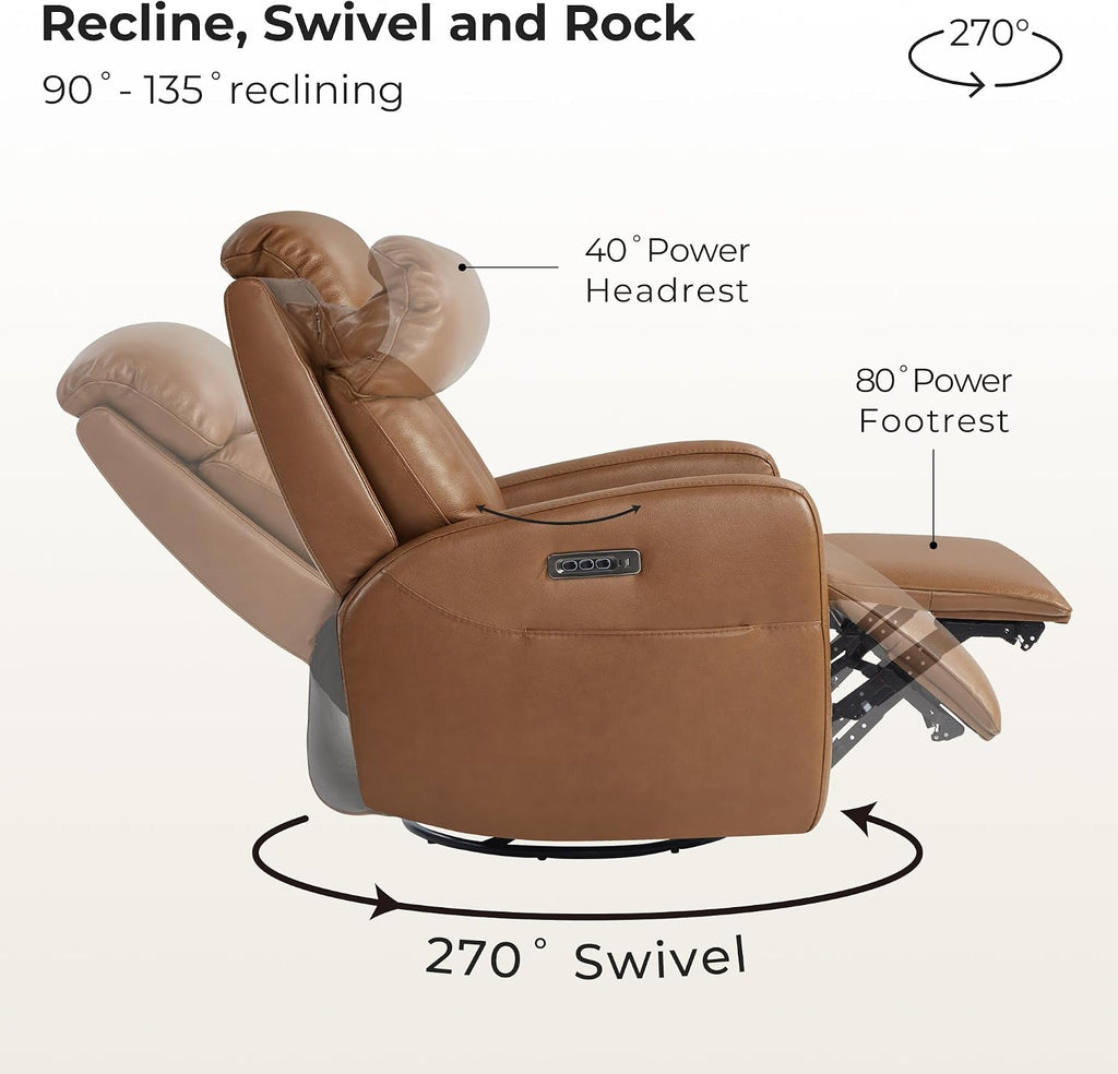 CHITA Leather Power Swivel Recliner Chair for Adults, Triple Motor Electric Rocker Recliner for Living Room with Adjustable Headrest and Lumbar Support, USB & Type-C Charging Ports, Saddle Brown