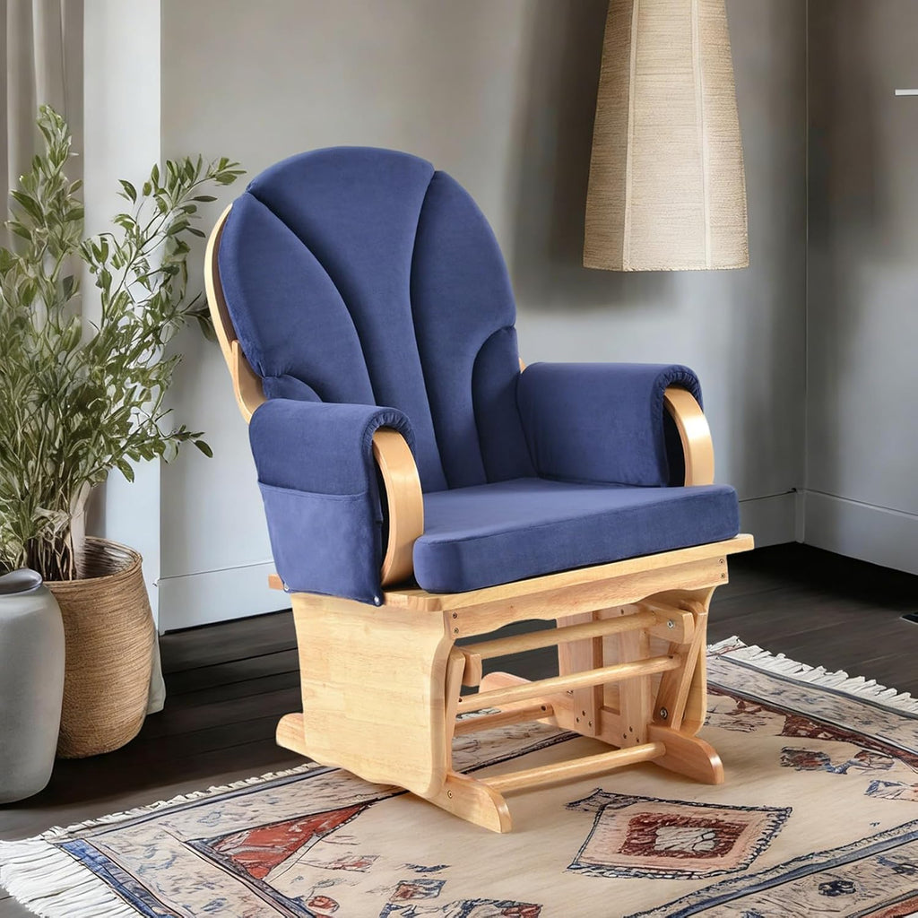 Natural Wood Glider Rocker Chair, Silent Smooth Gliding Nursery Rocking Chair with Solid Hardwood Base, Safety Design, Comfy Cushion for Baby Feeding, Nursery, Living Room, Bedroom, Blue