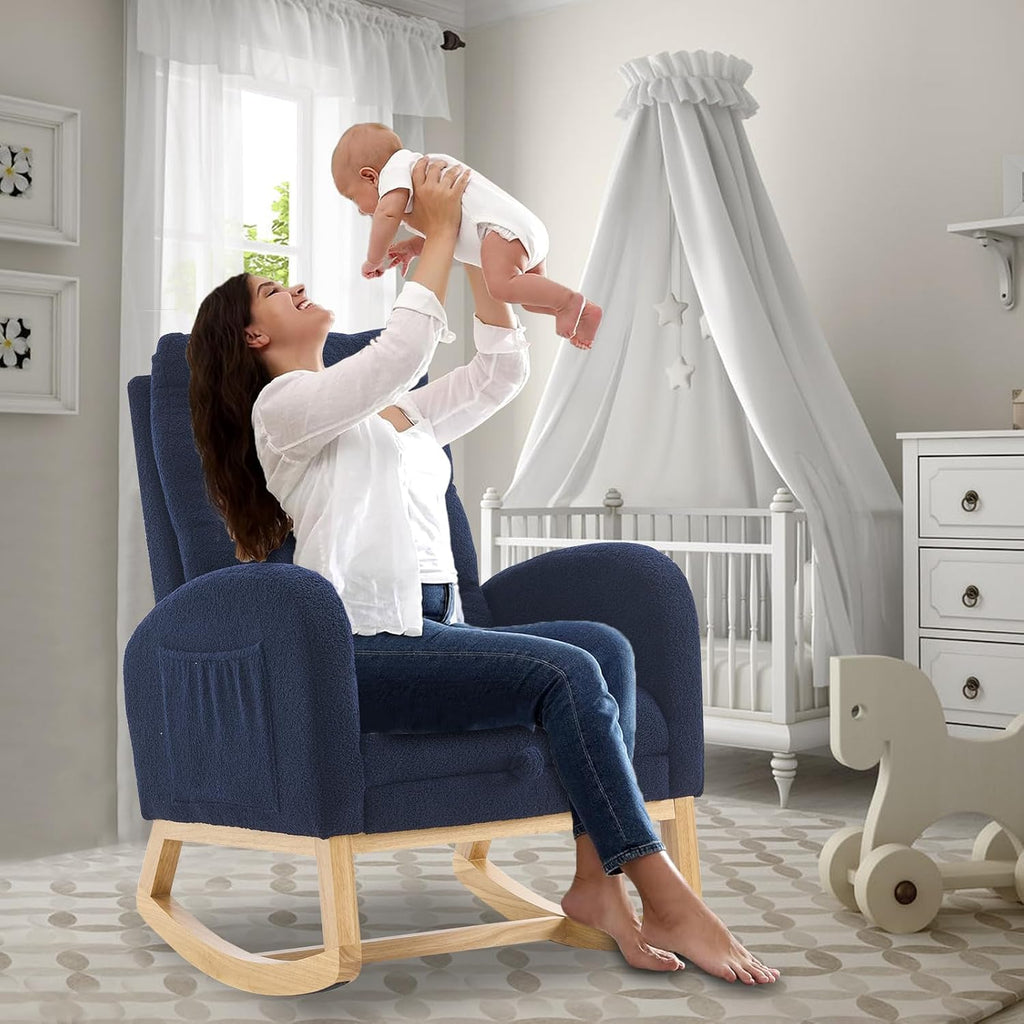 cinkehome Nursery Rocking Chair with Retractable Foot Rest, Teddy Glider Rocking Chair, Mid Century Rocker Chair, High Back, Solid Wood Legs