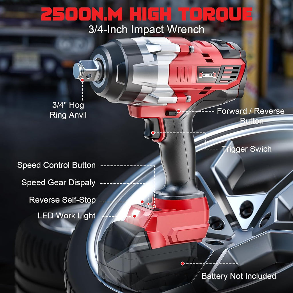 DIYtoolifz 3/4' Cordless Impact Wrench Compatible with Milwaukee 18V Battery: 1850FT-LBS(2500N.m) High Torque Impact Driver, Auto-Stop Reverse, 4-Speed Heavy Duty Impact for Car/Truck/Mower(Bare Tool)