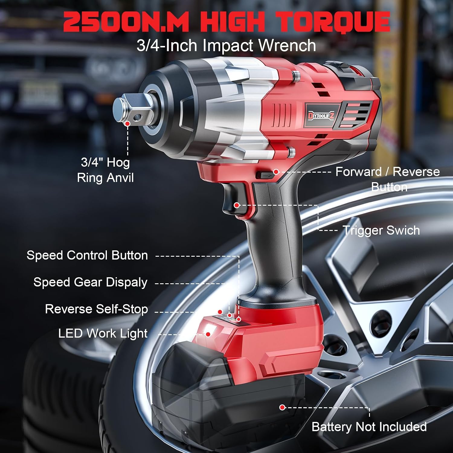 DIYtoolifz 3/4' Cordless Impact Wrench Compatible with Milwaukee 18V Battery: 1850FT-LBS(2500N.m) High Torque Impact Driver, Auto-Stop Reverse, 4-Speed Heavy Duty Impact for Car/Truck/Mower(Bare Tool)
