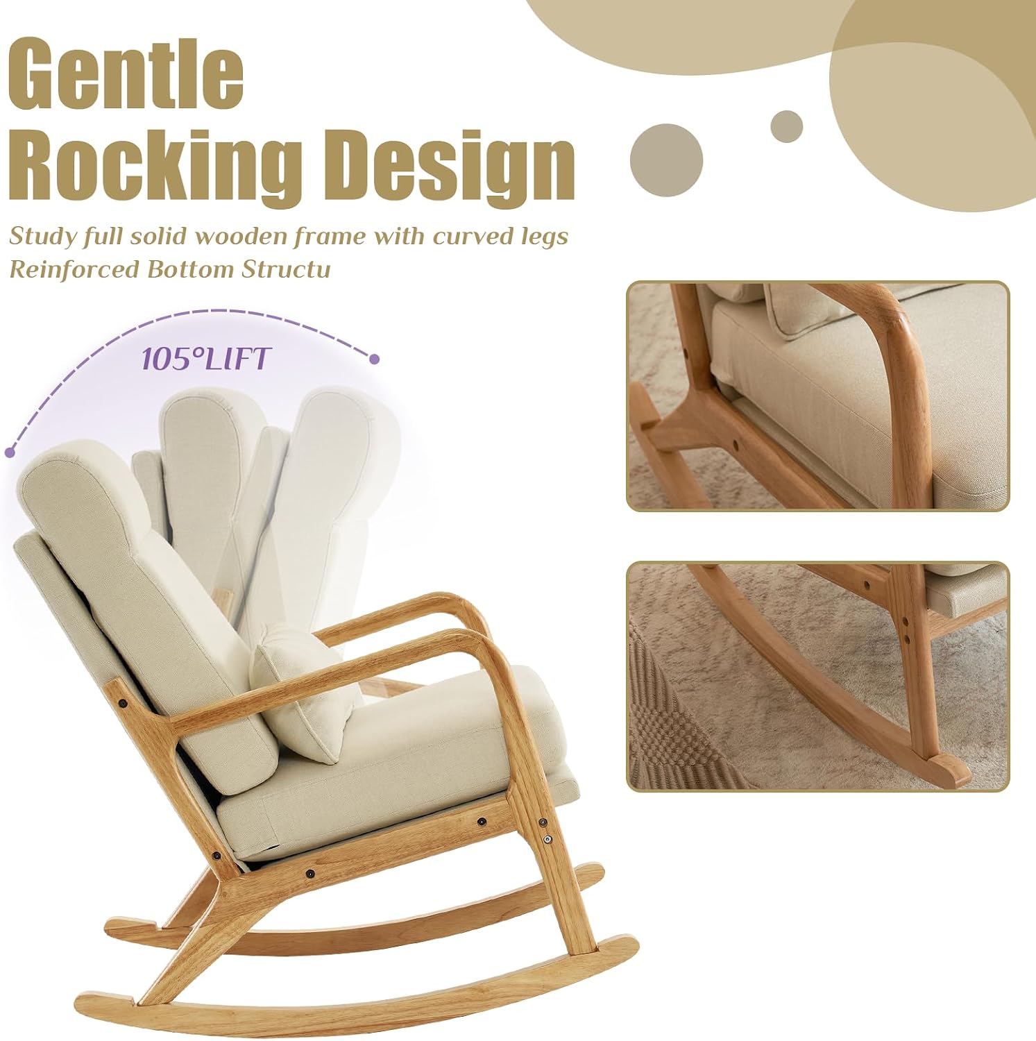 Karl home Nursery Rocking Chair Removable Glider Rocker High Backrest Rocking Armchair Mid-Century Accent Chair with Lumber Pillow for Bedroom, Living Room, Nursery, Beige