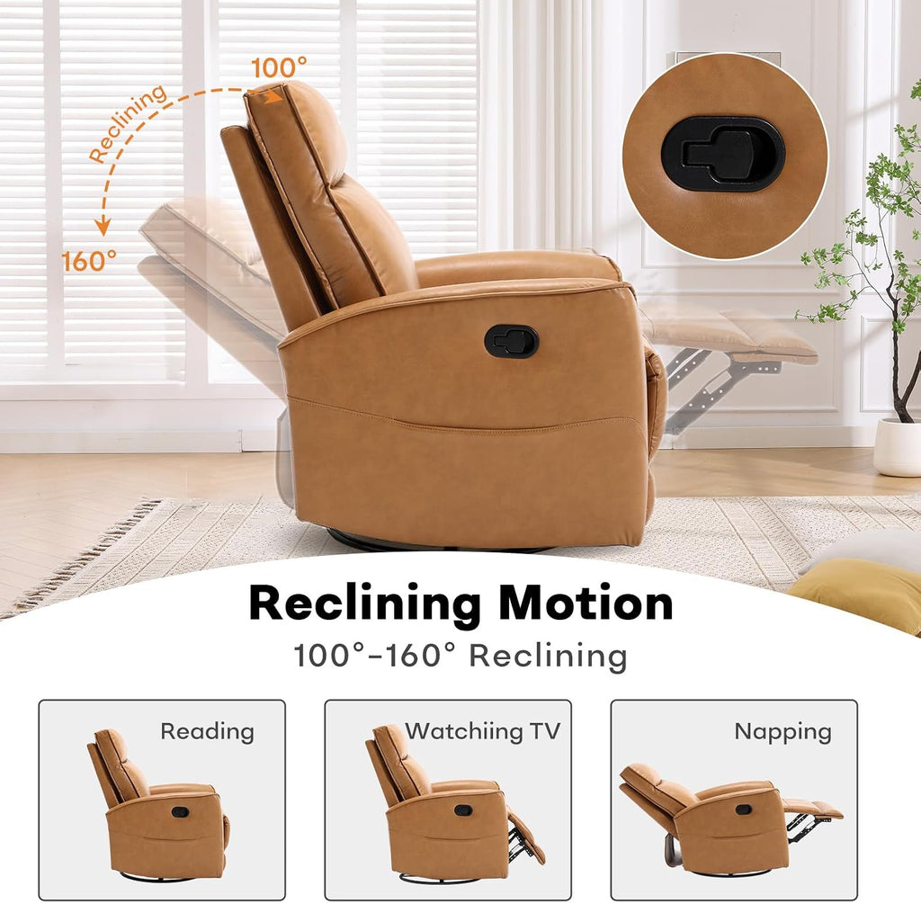 HAOMARKETS Swivel Rocker Recliner Chair, Manual Faux Leather Glider Rocking Recliners for Adults, 360° Swivel Nursery Reclining Sofa with Storage Pocket