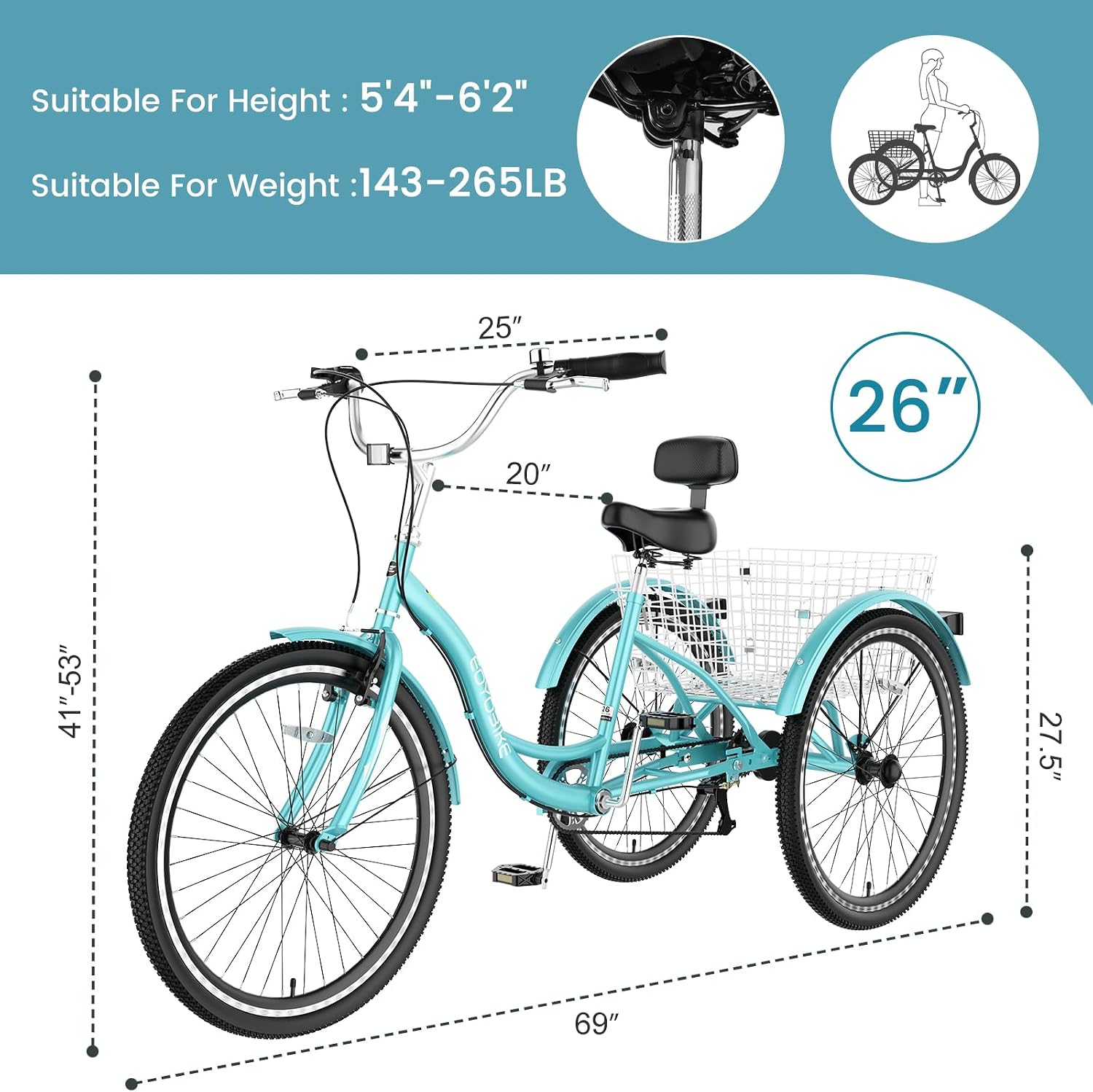 Slsy Adult Tricycle 7 Speed, 20/24/26 Inch Step-Through 3 Wheel Bike for Adults with Large Shopping Basket, 350 lb Capacity Adult Trike for Seniors, Women and Men