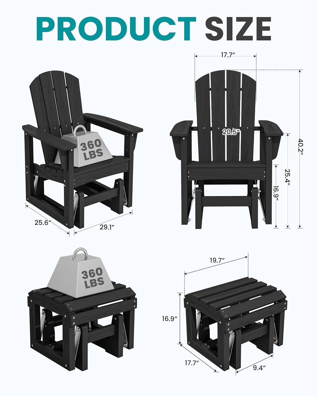 SERWALL Outdoor Glider Chair Set of 4 with Ottoman, HDPE Wood-Like Patio Glider Set All-Weather Porch Glider for Outside, Black