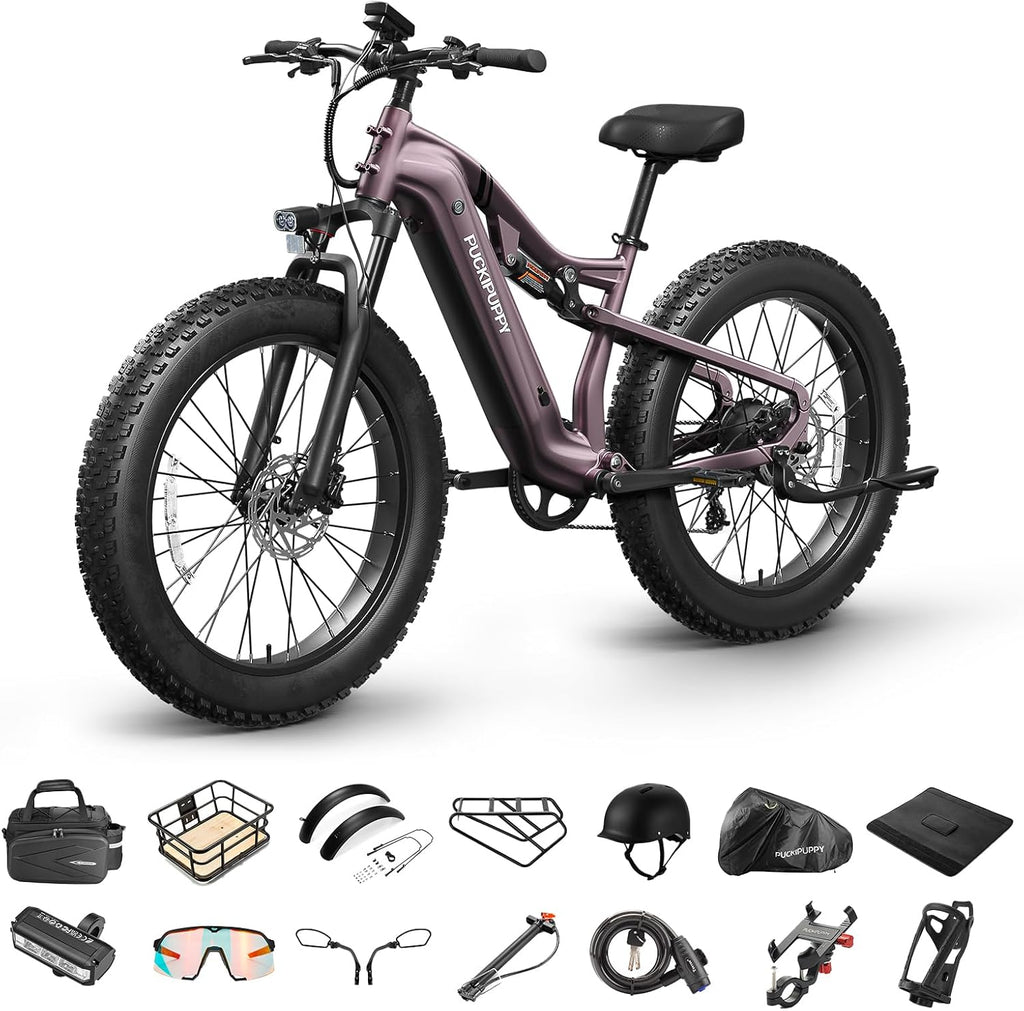 PUCKIPUPPY Electric Bike for Adults 1350W Peak, 28 MPH, 48V 20AH Battery Ebike, 26'x4' Fat Tire Full Suspension Electric Mountain Bike, 80 Miles Range, 8 Speed, Torque Sensor Labrador Pro