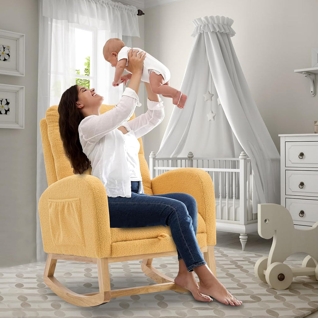 cinkehome Nursery Rocking Chair with Retractable Foot Rest, Teddy Glider Rocking Chair, Mid Century Rocker Chair, High Back, Solid Wood Legs
