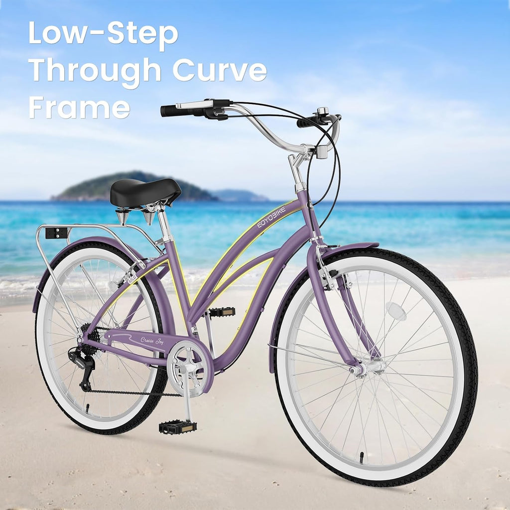 Cruiser Bike for Adults, 7-Speed Beach Cruiser Bicycle, 24/26 Inch Step-Through or High-Bar Frame, Comfort City Commuter Bike with Rear Rack, Fenders, Wide Saddle for Women & Men