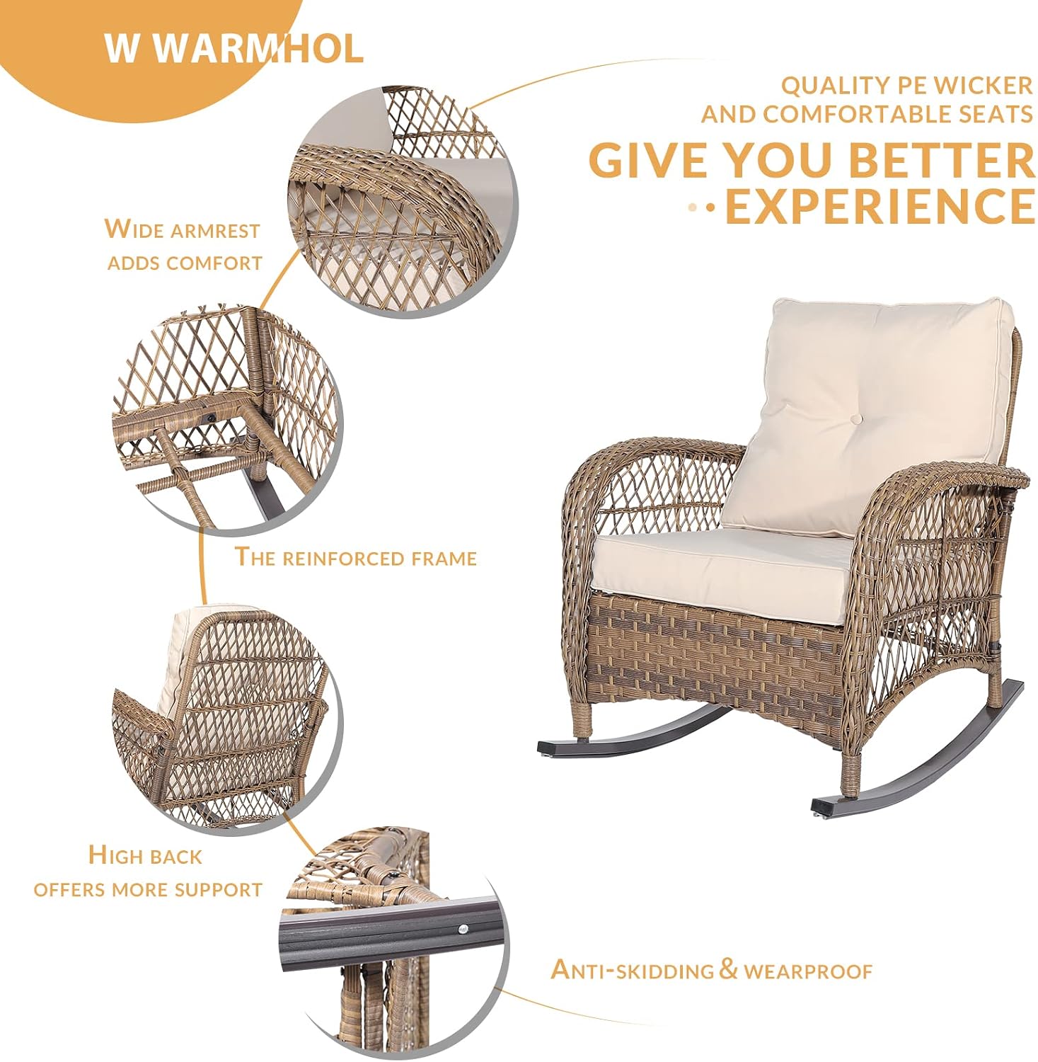 Outdoor Wicker Rocking Chair with Thickened Cushions, All-Weather Rattan Patio Rocking Chairs, Patio Wicker Rocker Chair for Backyard, Beige, Set of 2