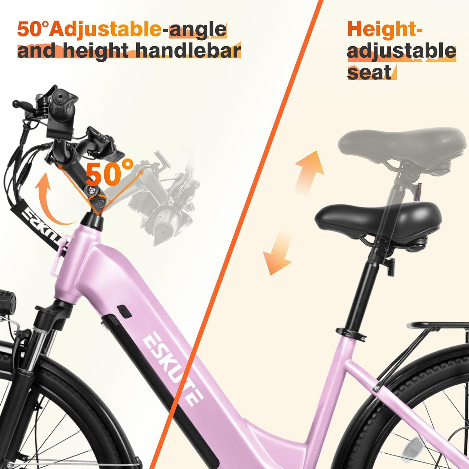 ESKUTE Electric Bike for Adults-1300w Peak Ebike, 28MPH Step Thru Electric Bicycle，70Miles 840 WH Removable Battery e-Bike, 7-Speed 26'' tire, Adjustable Stem,