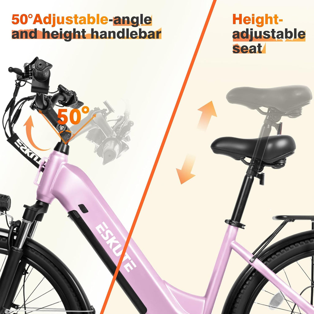 ESKUTE Electric Bike for Adults-1300w Peak Ebike, 28MPH Step Thru Electric Bicycle，70Miles 840 WH Removable Battery e-Bike, 7-Speed 26'' tire, Adjustable Stem,