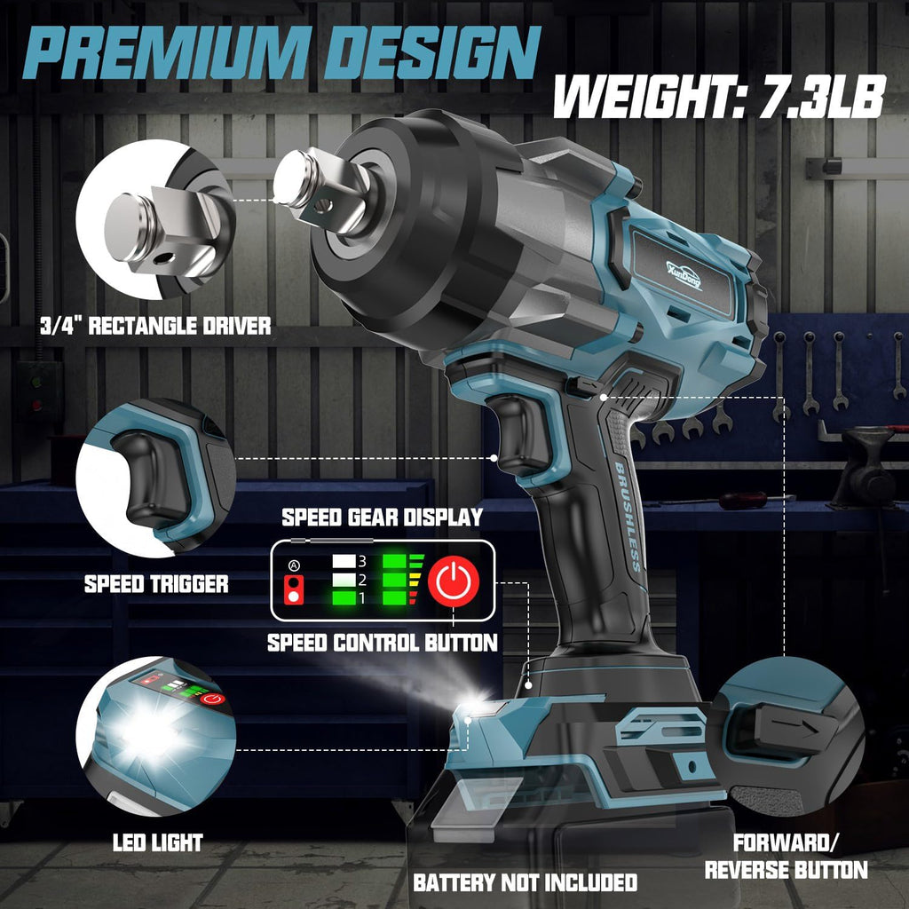 Cordless Impact Wrench 3/4' Compatible with Makita 18V Battery, 1850Ft-lbs(2500N.m) High Torque Impact Gun Heavy Duty, Brushless Electric Power Impact Driver with 4 Speed Modes & LED Work Light