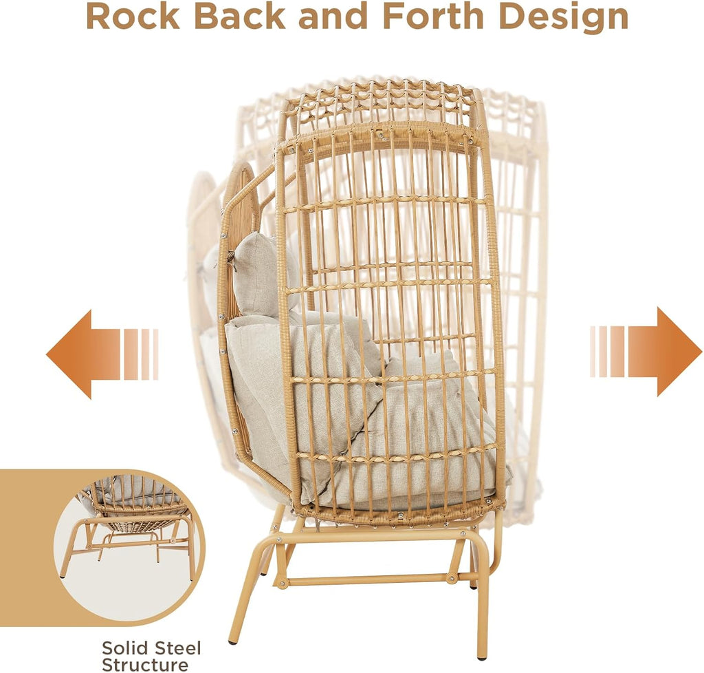 Oversized 2-Person Egg Chair Glider Rocking Chair, Heavy-Duty Wicker Rattan Outdoor Loveseat w/Thicken Padded Cushions, Extra Large Lounge Chair for Porch Backyard Patio Garden Yellow