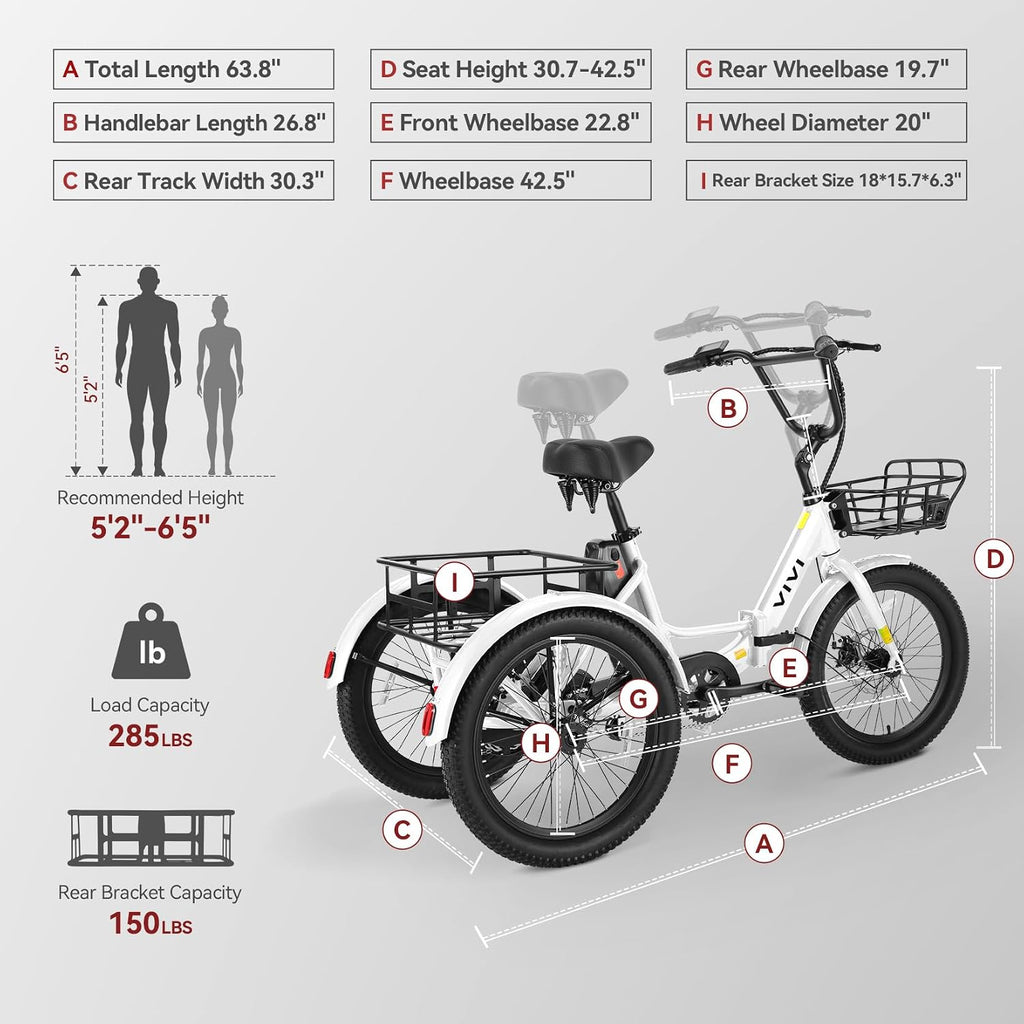 Vivi 750W Peak 20'' Folding 3 Wheels Electric Bicycle Bikes, 48V 10.4Ah Removable Battery Electric Tricycle for Adults, Speed Differential, 15.5MPH Eletric Trike with Bracket