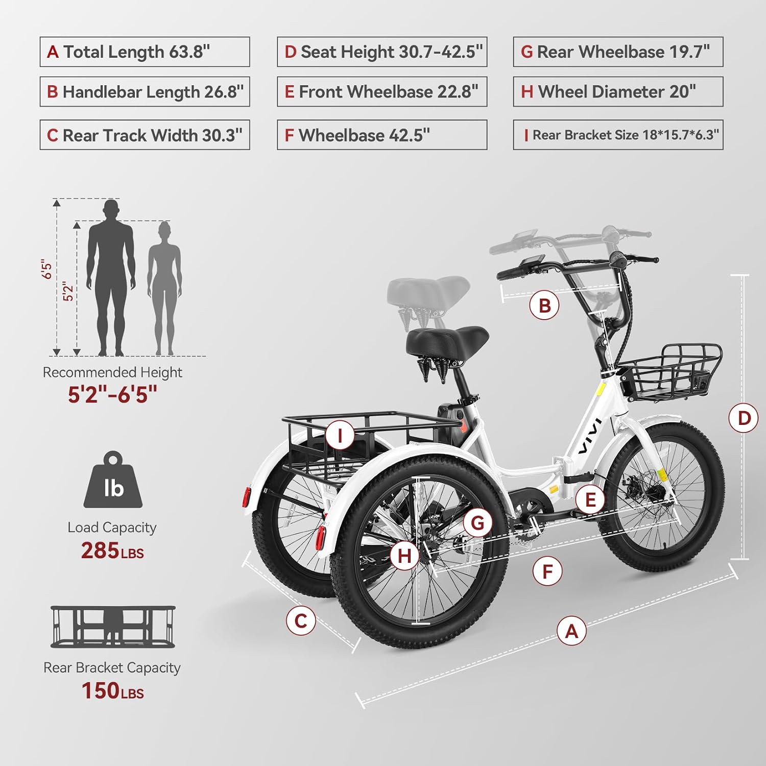 Vivi 750W Peak 20'' Folding 3 Wheels Electric Bicycle Bikes, 48V 10.4Ah Removable Battery Electric Tricycle for Adults, Speed Differential, 15.5MPH Eletric Trike with Bracket