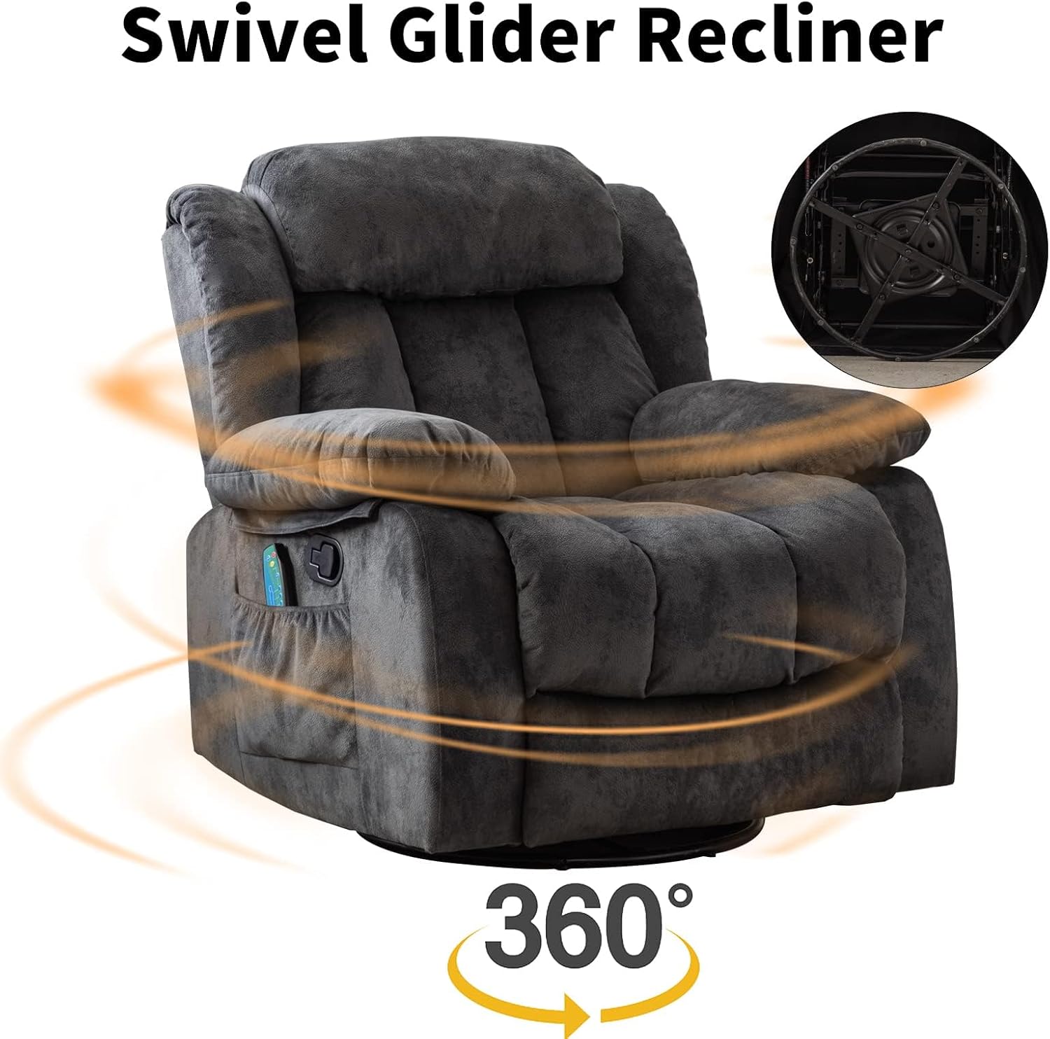INZOY Massage Swivel Rocker Recliner with Heat and Vibration, Manual Rocking Recliner Chair with Vibrating Massage, Comfy Padded Overstuffed Soft Fabric Heated Recliner, Grey
