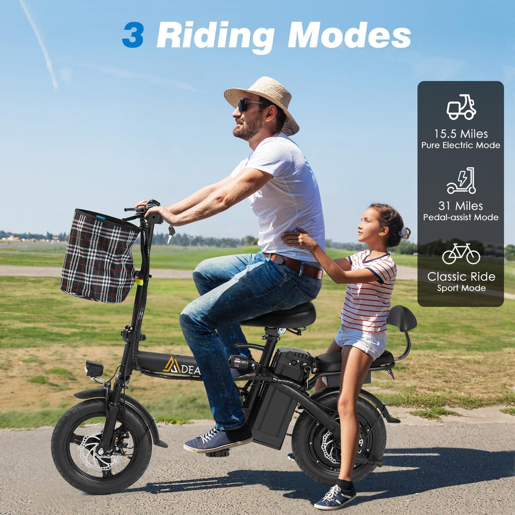 Mdeam Foldable Electric Bike,500W Motor Compact Adults Commute Ebike 20 MPH Max Speed,30+ Miles Folding Electric Bicycle with Passenger Seat,14' Mini E-Bike 2 Seater for Adults/Teens