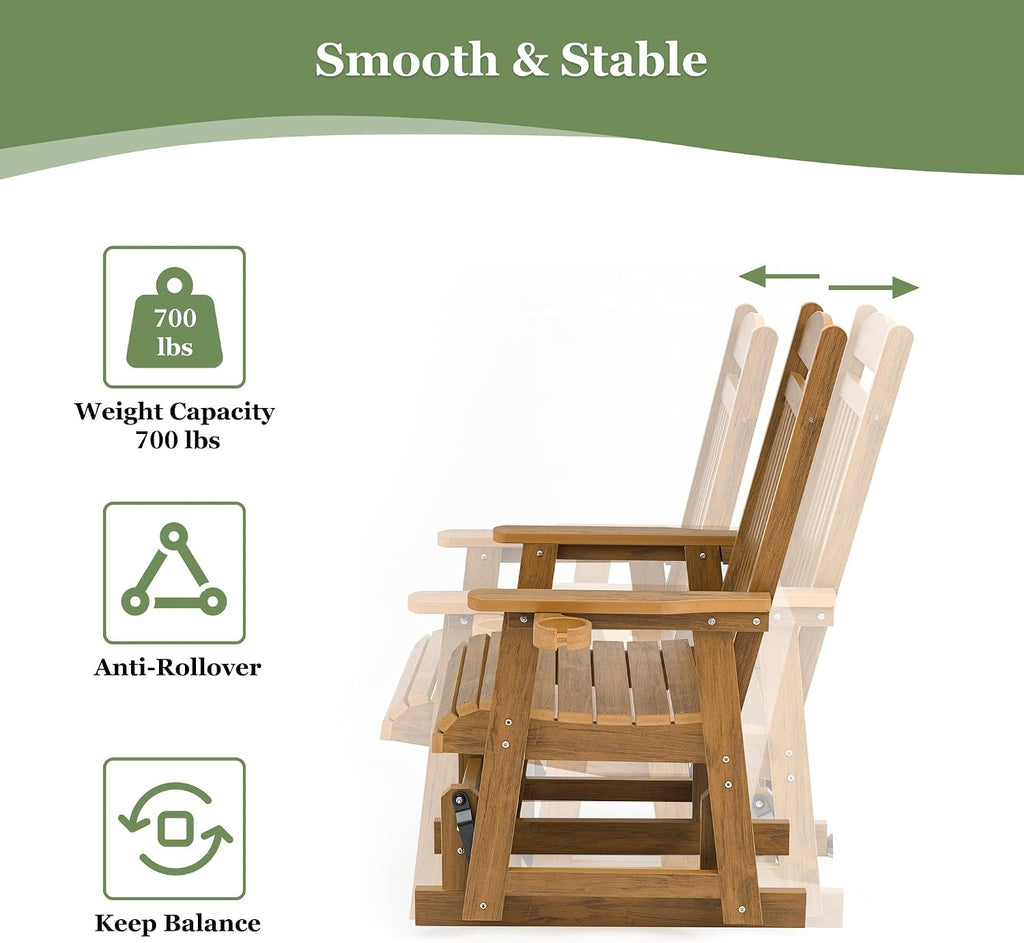 Poly Lumber Patio Glider for One Person, with Cup Holders, High Backrest and Deep Contoured Seat, HIPS Material, All-Weather Resistant, Heavy Duty 700 LBS (Light Brown)