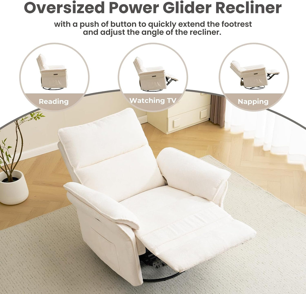 Oversized Power Recliner Chair Swivel Glider with Massage and Heat, Rocker Nursery Recliner for Adults with Adjustable Headrest, 26' Extra Wide Nursery Chair with Overstuffed Armrest,White