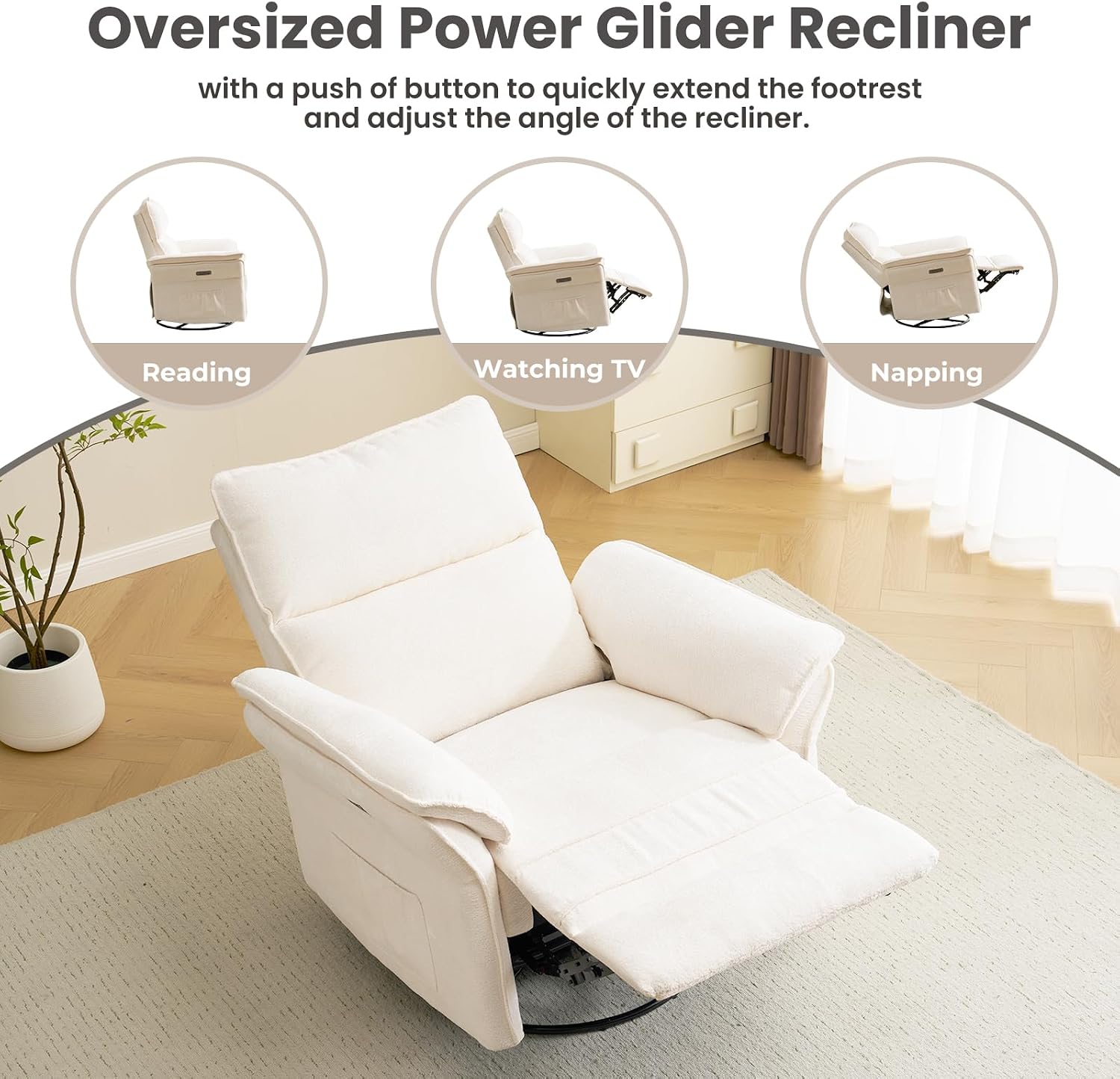 Oversized Power Recliner Chair Swivel Glider with Massage and Heat, Rocker Nursery Recliner for Adults with Adjustable Headrest, 26' Extra Wide Nursery Chair with Overstuffed Armrest,White