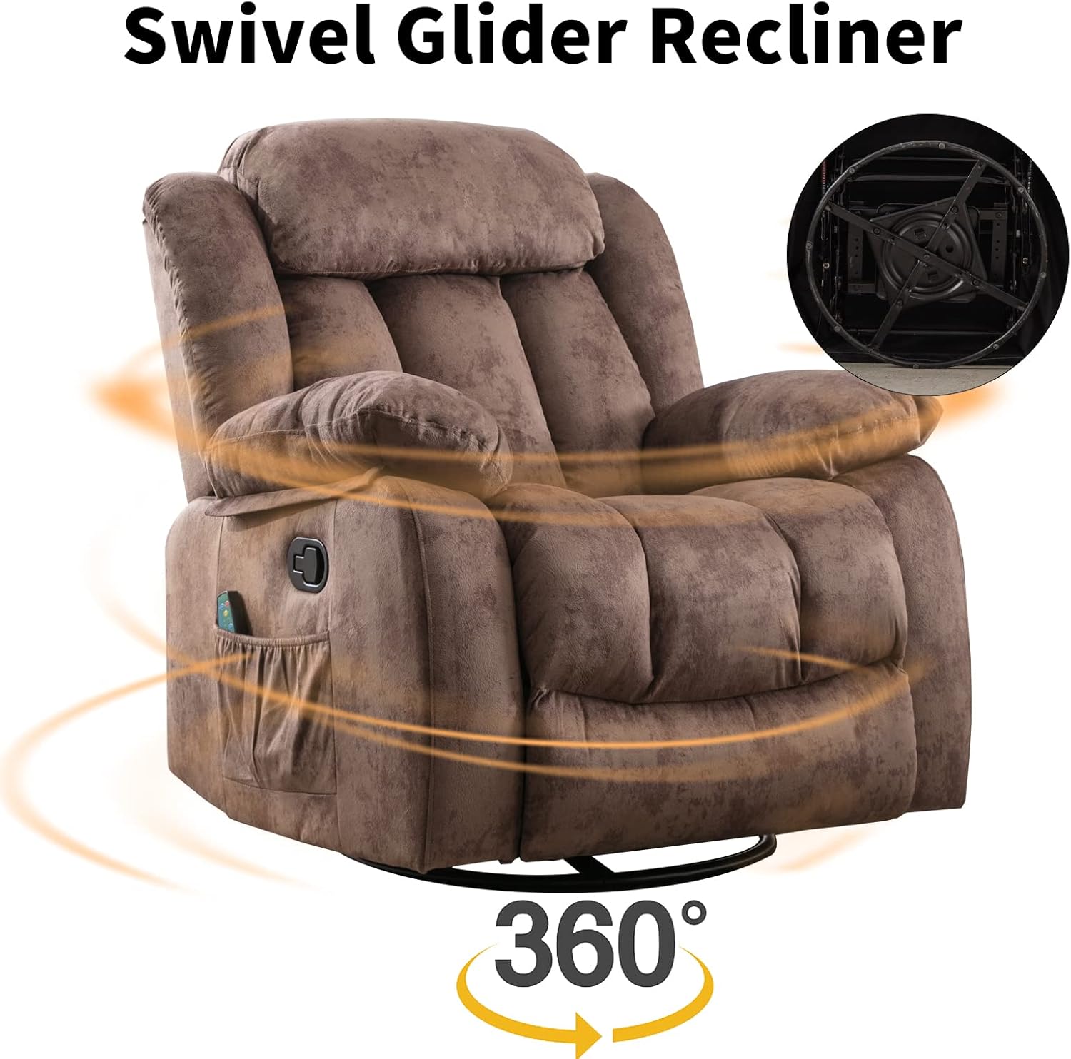INZOY Rocker Recliner with Heat and Vibration, Manual Swivel Rocking Chair with Vibrating Massage, Comfy Padded Overstuffed Soft Fabric Heated Recliner (Brown)