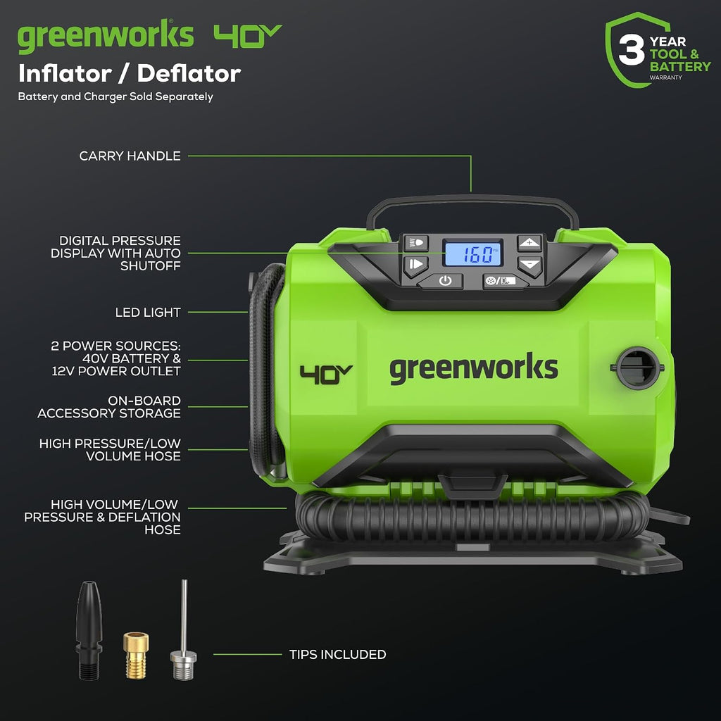 Greenworks 40V Cordless Tire Inflator, 160 PSI Portable Air Compressor, 2 Power Sources, Auto Shut Off, for Car, Bicycle, Motorcycle, Inflatables With 2.0 Ah USB (Power Bank) Battery & Charger