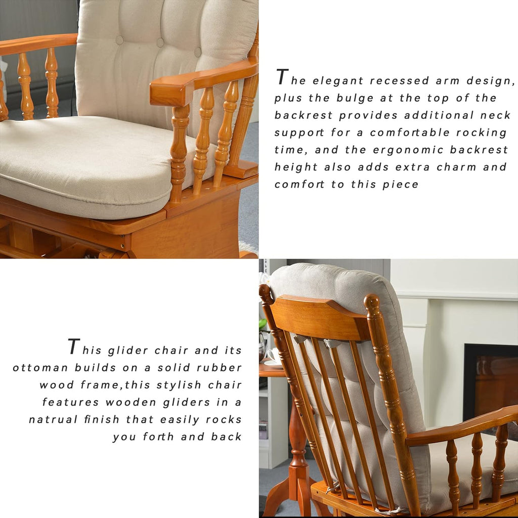 Rustic Nursery Glider Chair with Ottoman, Rubber Wood Glider Rocking Chair Set, Silent Bearings & Anti-Pinch Design, High Density Foam Cushion for Living Room Bedroom Nursing, Honey Wood Finish