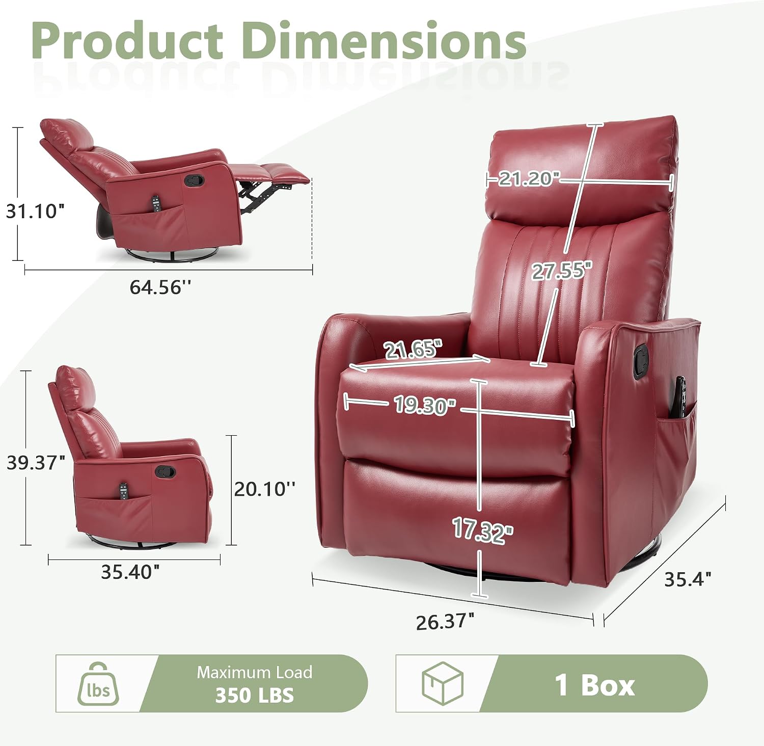 cinkehome Heated Massage Swivel Rocker Recliner Chair for Nursery - Small Space Reclining Chair with Lumbar Support, 360° Swivel & Gentle Rocking, Ergonomic High Back Faux Leather Red