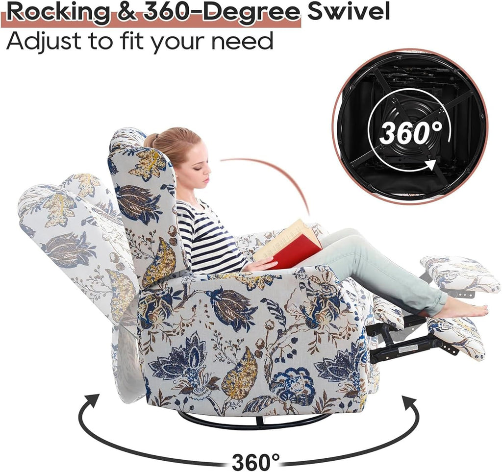 Swivel Rocker Recliner Chair, 360° Swivel Recliner with Rocking & Manual Push-Back Recline, Floral Wingback Glider Recliner for Nursery, Living Room, Bedroom, Adjustable Backrest & Footrest (Blue)