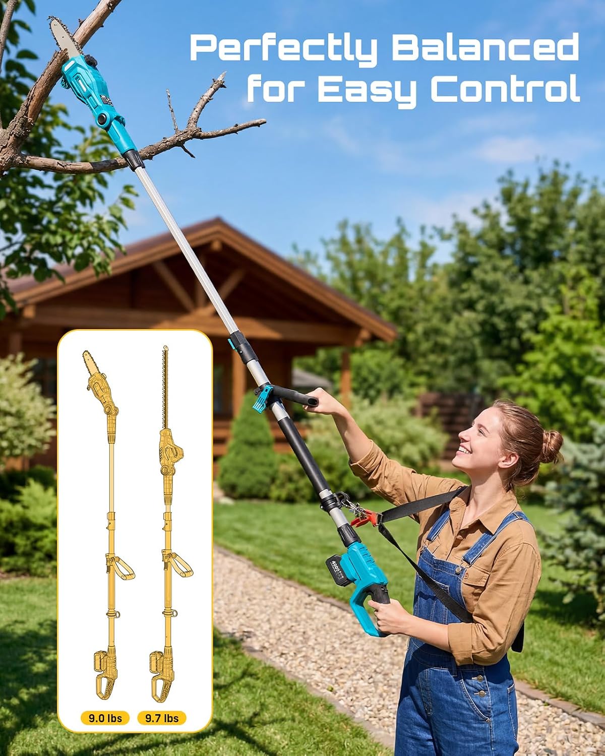 SEESII 2-in-1 Cordless Pole Saw & Hedge Trimmer Combo, 8' Electric Pole Chainsaw with 2×4.0 Ah Batteries, 16-Inch Extension Pole Hedge Trimmer, Bush Tree Pruner Limb Branch Cutter, 15ft Long Reach