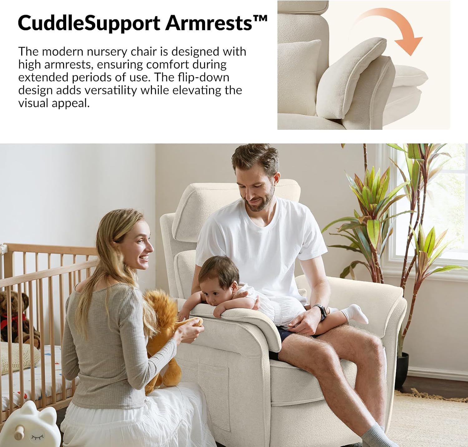 HULALA HOME Nursery Glider Recliner with Adjustable Headrest and Armrests, Power Swivel Rocker Recliner Chair with USB Port and Storage Bags, GREENGARD, FSC, CertiPUR-US® Certified, Beige