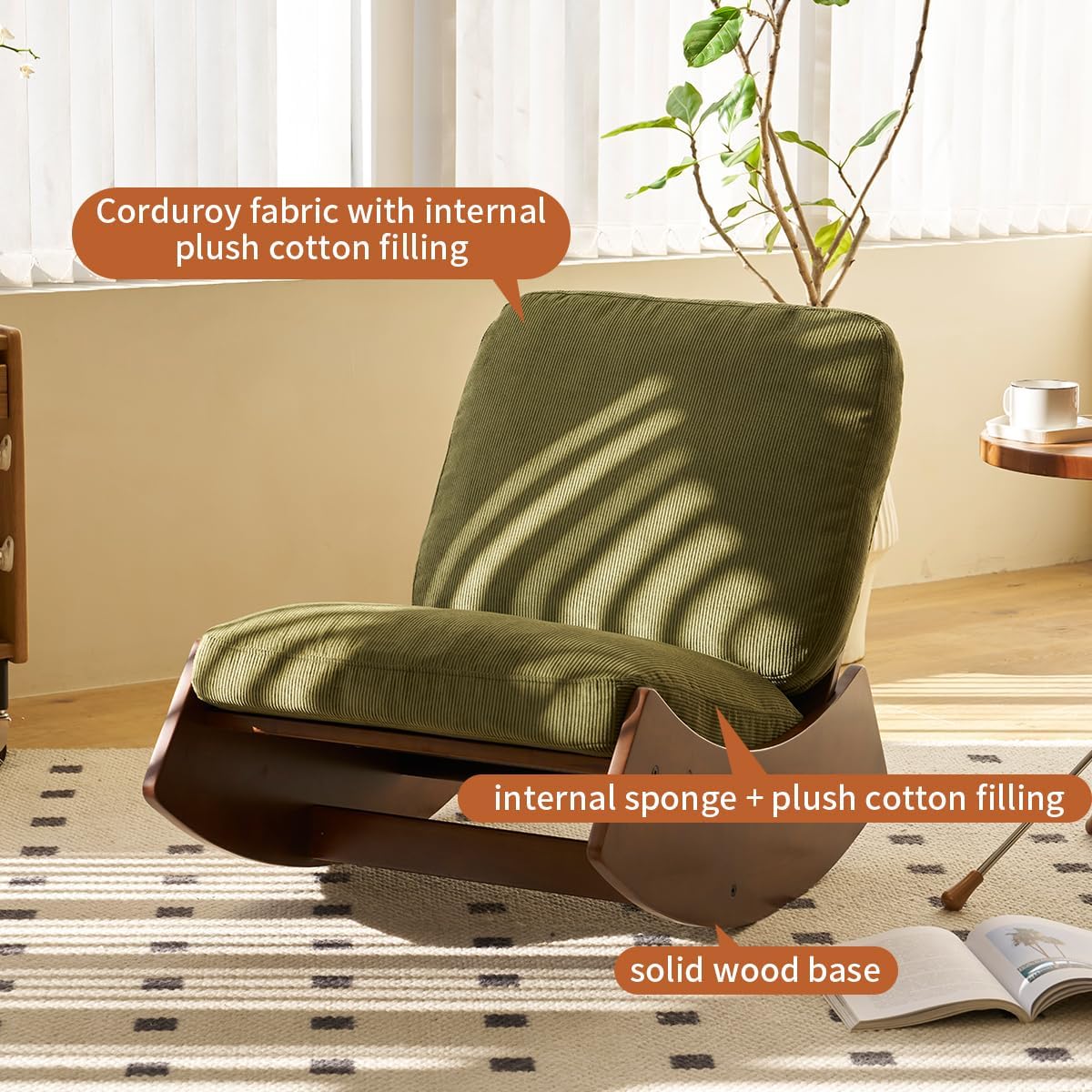 MFFM Comfortable Glider Rocking Chair, Upholstery Glider Chair, Solid Wood Frame, Perfect for Multiple Settings Accent Reading Chair for Bedroom,Living Room,Nursery (Green)