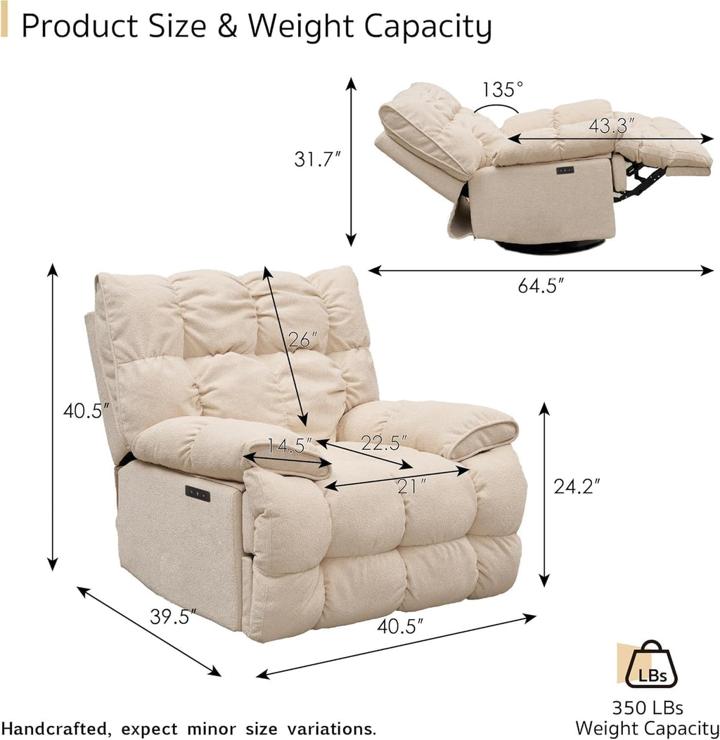 SITJOY Oversized Power Swivel Rocker Recliner Chair, Overstuffed Extra Wide Rocking Chair for Big and Tall, Glider Recliner Nursery Chair, USB Charging, Soft Breathable Fabric in Beige, Power