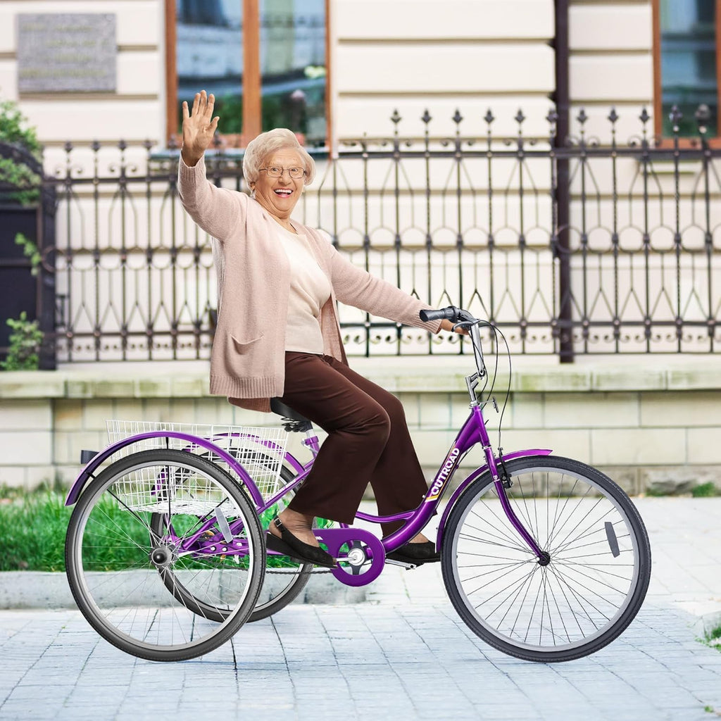 1 Speed Adult Tricycle, 24/26 inch Cruiser Trike with Large Basket for Women Men Seniors, 3 Wheel Bike for Outdoor, Shopping, Recreation, Picnic (Red/Blue/Purple)