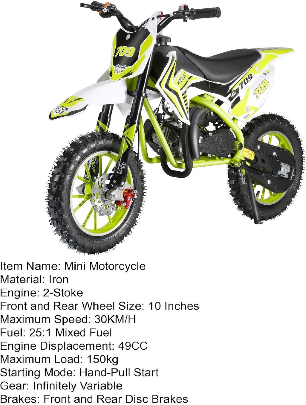 50cc Kids Dirt Bike, 2-Stroke Gas Power Dirt Bike Off Road Motocross Gas Dirt Bike with Front Rear Disc Brakes for Beginner Motocross Bikes for Kids 8-12 Max 30KM/H 150KG Load Green