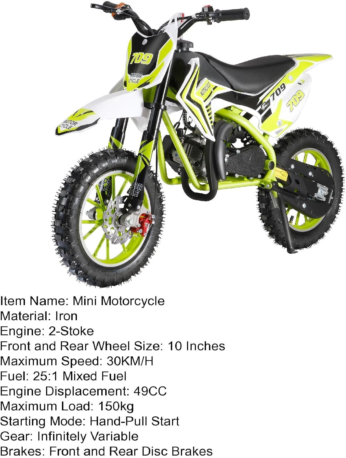 50cc Kids Dirt Bike, 2-Stroke Gas Power Dirt Bike Off Road Motocross Gas Dirt Bike with Front Rear Disc Brakes for Beginner Motocross Bikes for Kids 8-12 Max 30KM/H 150KG Load Green
